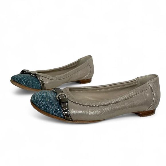 AGL Metallic Shimmer Gold Blue Cap Toe Leather Ballet Flats Women's  37.5 / 7.5 - Picture 1 of 7
